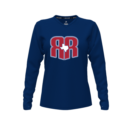 [CUS-DFW-TEES-CMF-VNK-LSL-NVY-FYXS-LOGO2] Decker Comfort T-Shirt (Female Youth XS, Navy, V Neck, Logo 2, Long Sleeve)