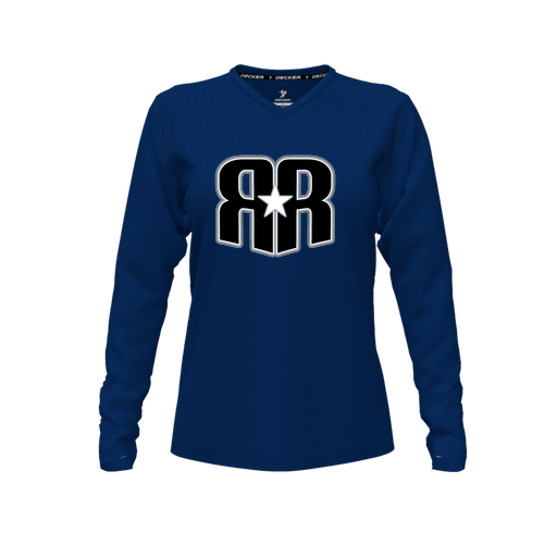 [CUS-DFW-TEES-CMF-VNK-LSL-NVY-FYXS-LOGO3] Decker Comfort T-Shirt (Female Youth XS, Navy, V Neck, Logo 3, Long Sleeve)