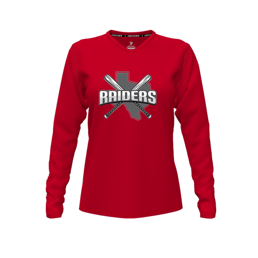 [FTLVCFRD-FYXS-LOGO1] Decker Comfort T-Shirt (Female Youth XS, Red, V Neck, Logo 1, Long Sleeve)